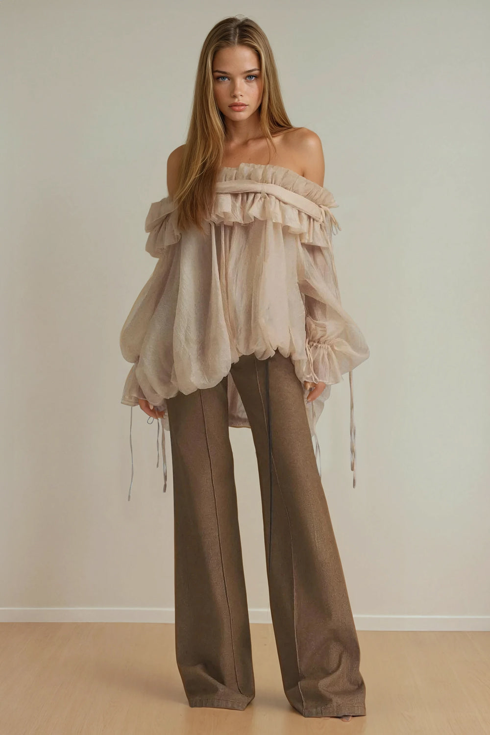 Off-Shoulder Ruffle Trim Top - Beige