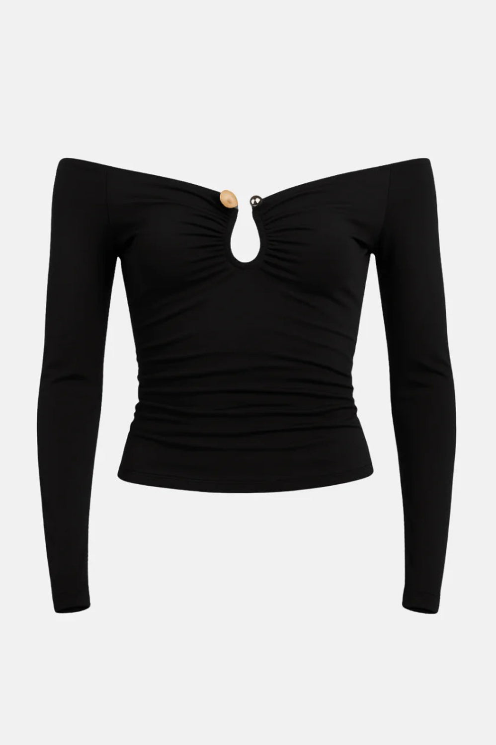 Off-Shoulder Long Sleeve Ruched Top with Decorative Embellishments - Black