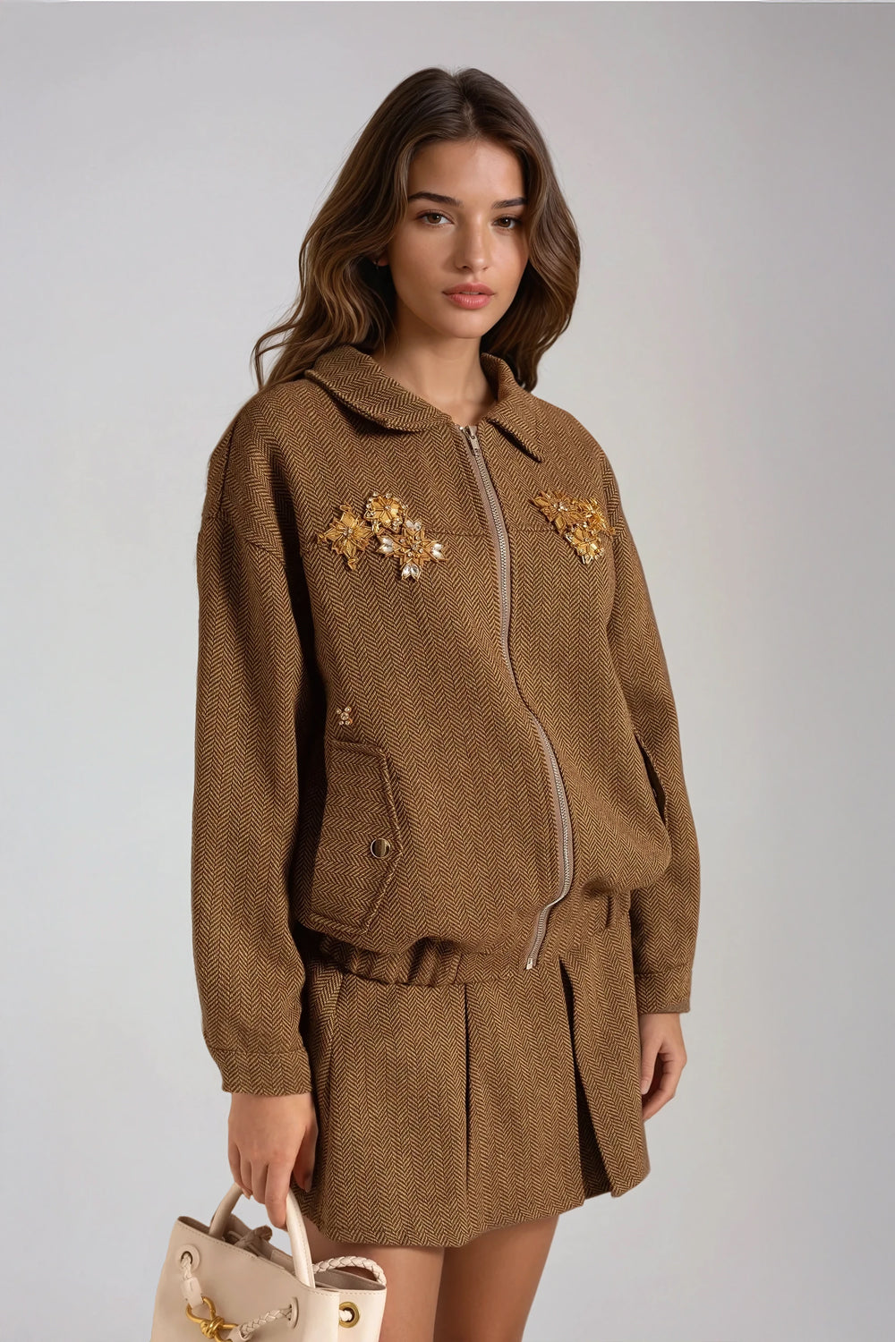 Two-Piece Set with Embellished Jacket and Pleated Mini Skirt - Brown