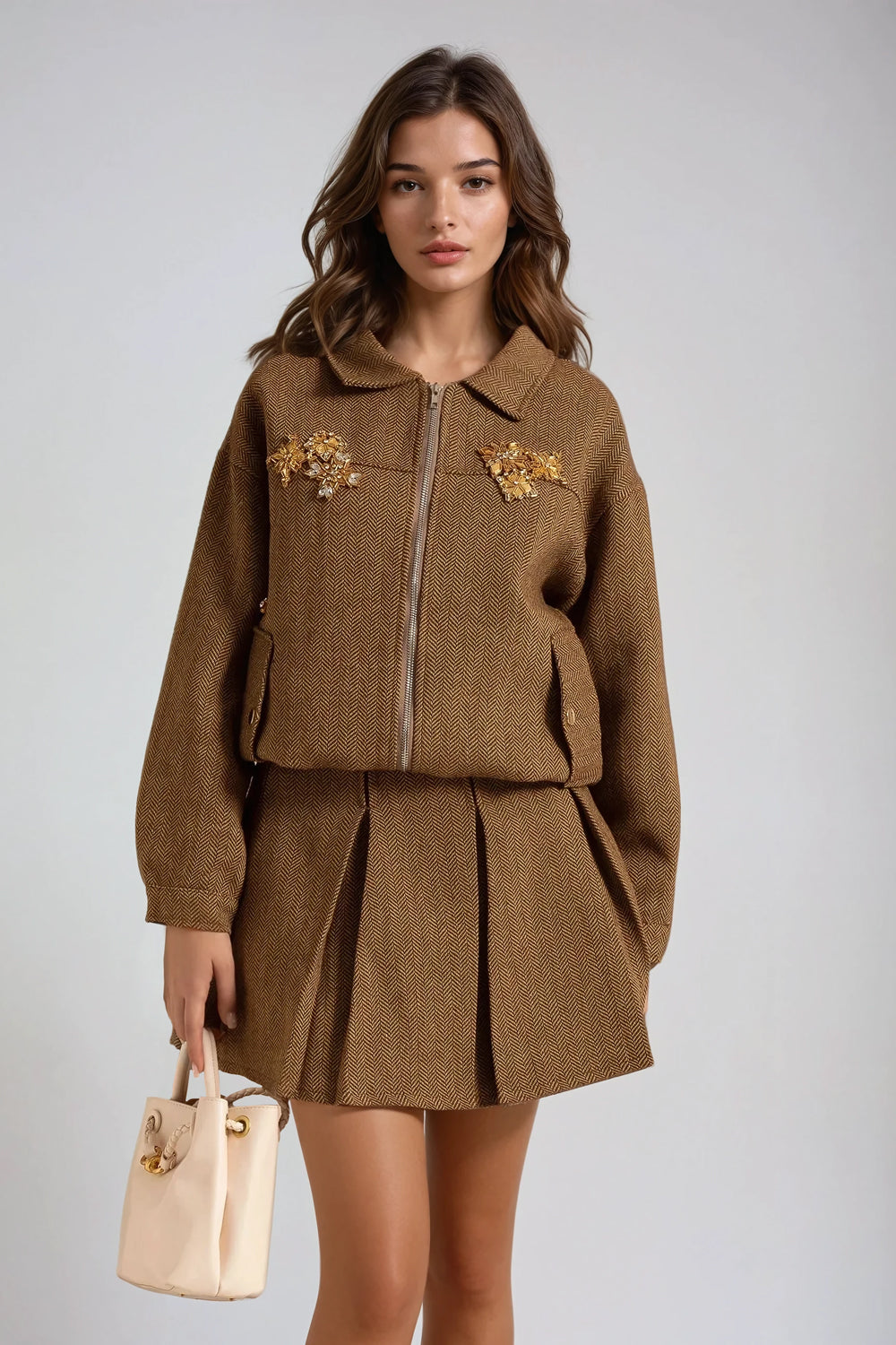 Two-Piece Set with Embellished Jacket and Pleated Mini Skirt - Brown
