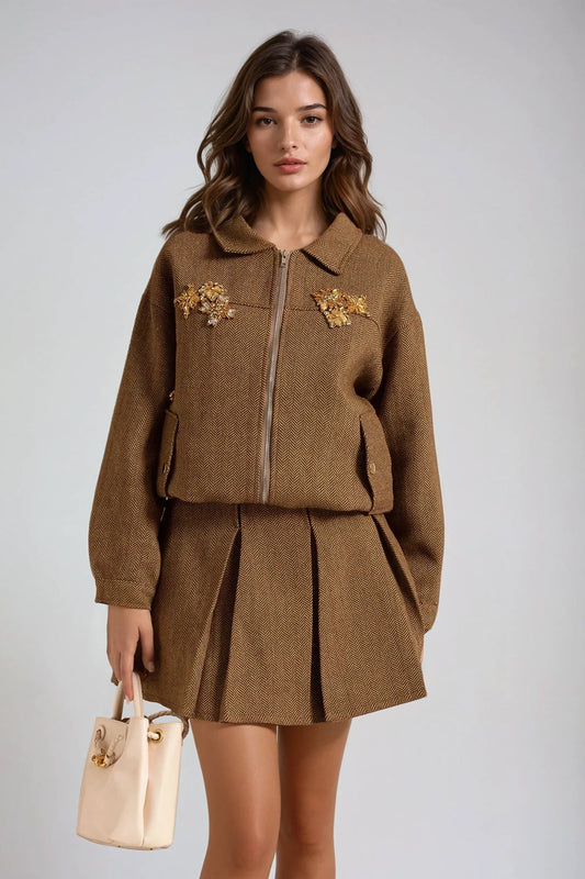 Two-Piece Set with Embellished Jacket and Pleated Mini Skirt - Brown