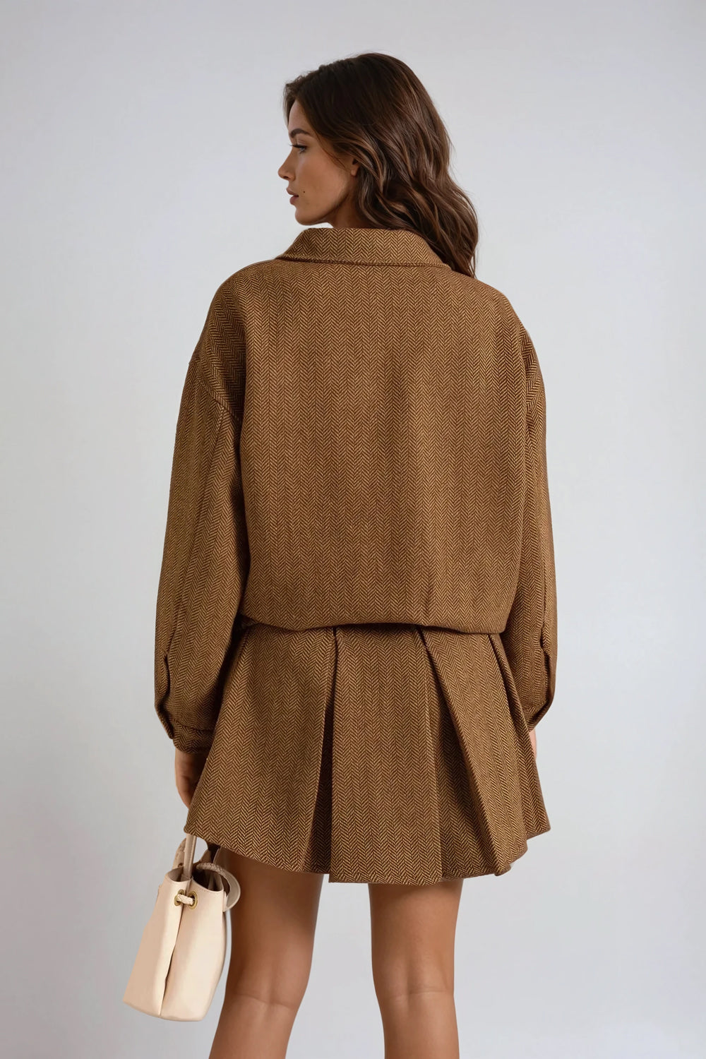 Two-Piece Set with Embellished Jacket and Pleated Mini Skirt - Brown