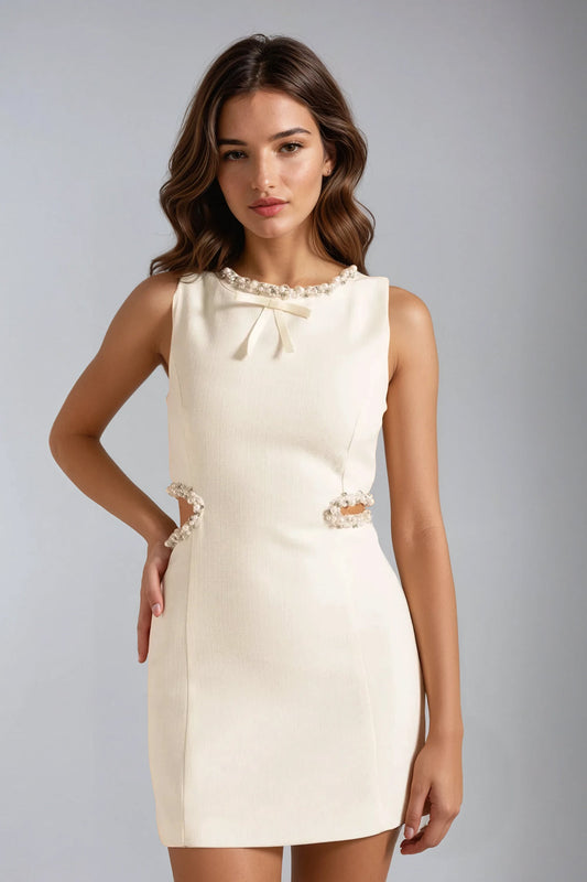 Cutout Pearl Embellished Midi Dress - White