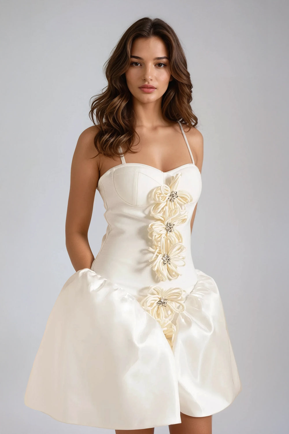 Floral Embellished Mini Dress - White