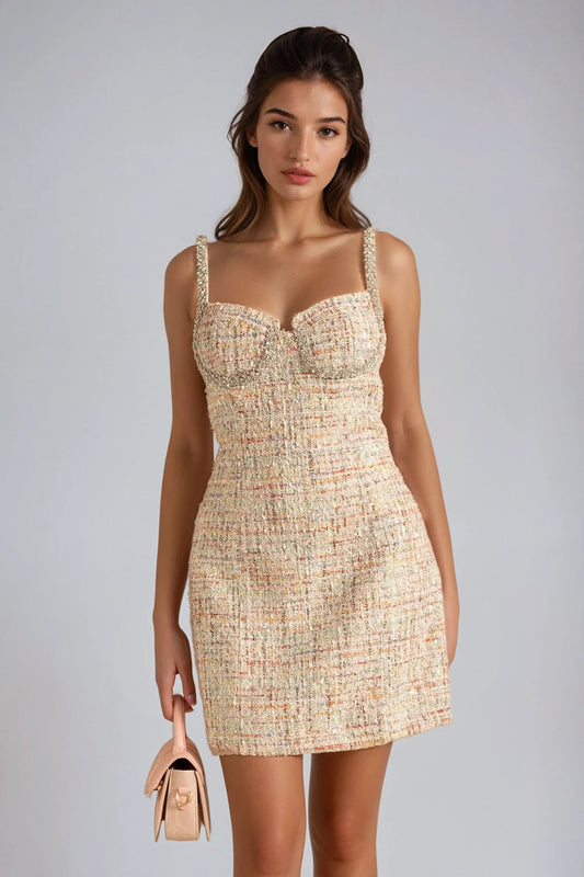 Embellished Strap Mini Dress - Beige