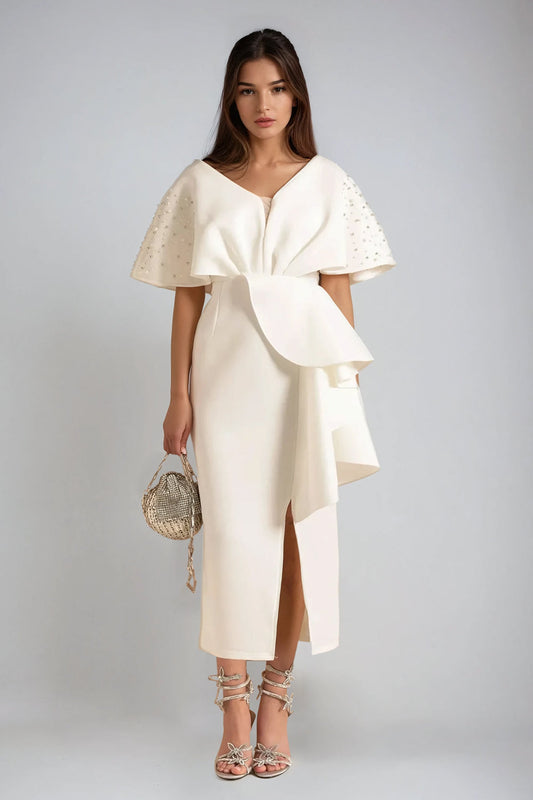 Embellished Sleeve Midi Dress - White