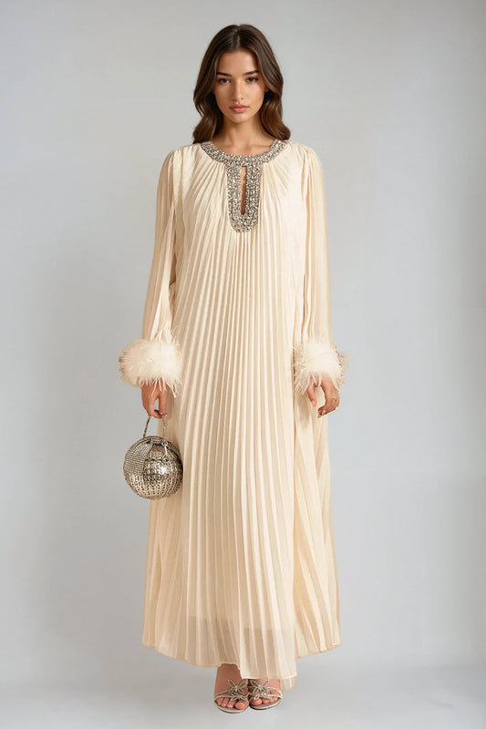 Feather Sleeve Details Maxi Dress - Beige