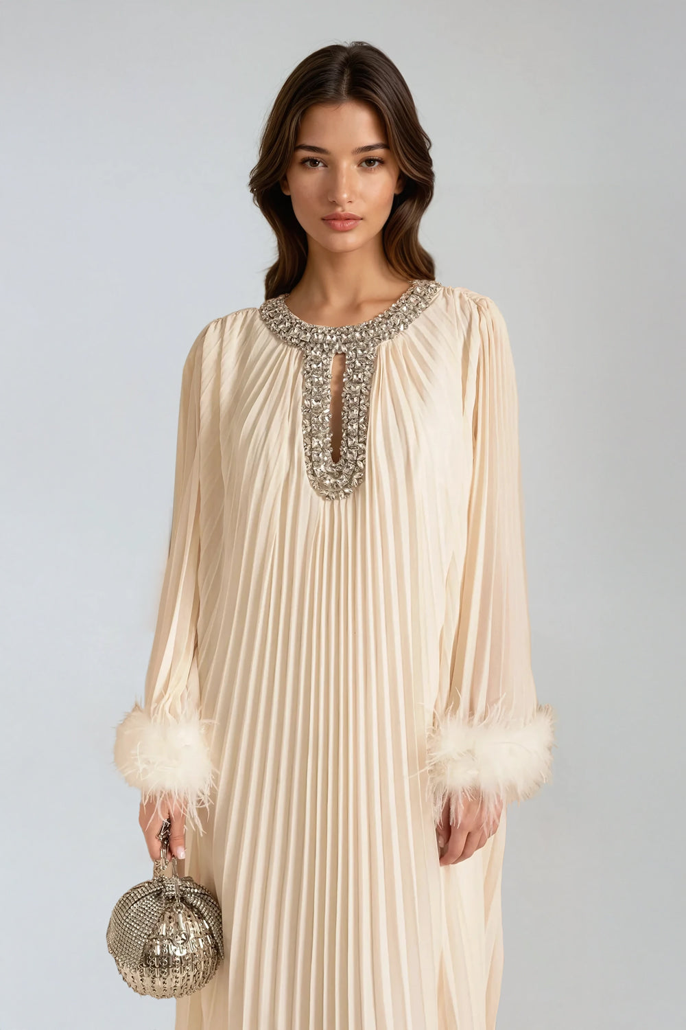 Feather Sleeve Details Maxi Dress - Beige