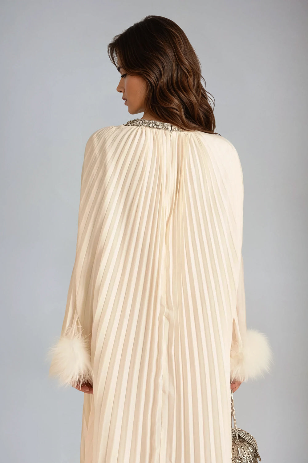 Feather Sleeve Details Maxi Dress - Beige