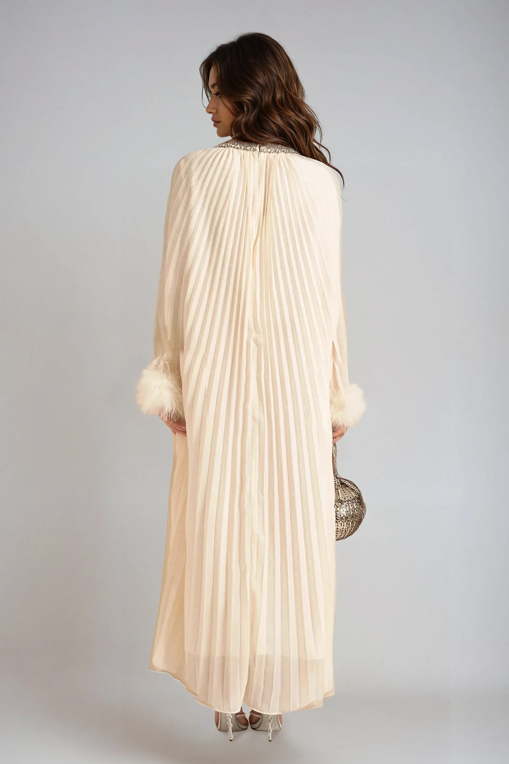 Feather Sleeve Details Maxi Dress - Beige