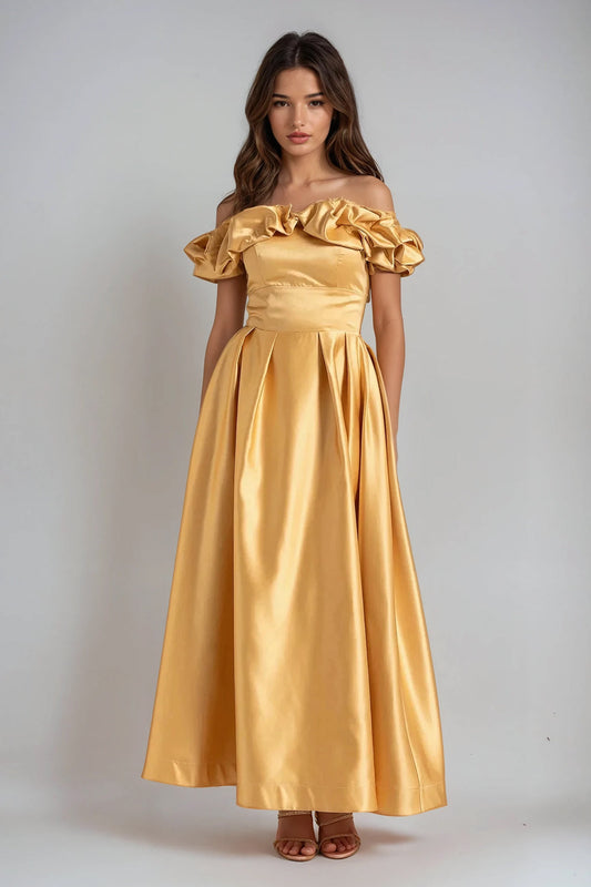 Off-Shoulder Ruffle Sleeves Maxi Dress - Yellow