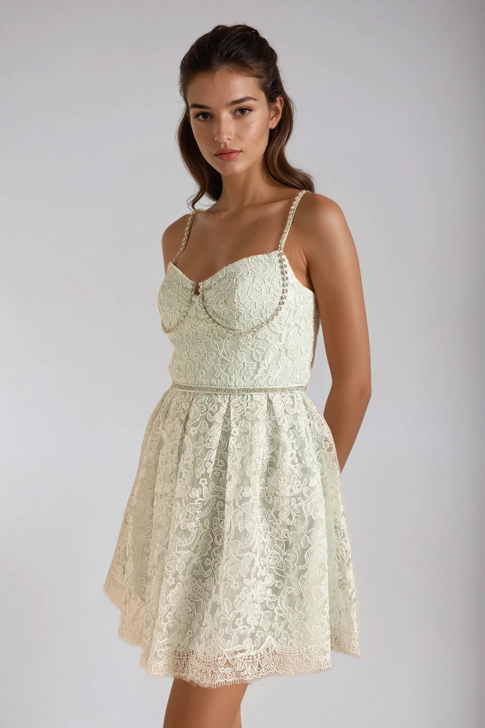 Sleeveless Lace Detailing Mini Dress - Green
