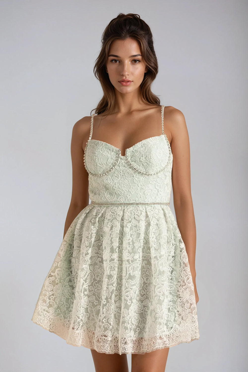 Sleeveless Lace Detailing Mini Dress - Green