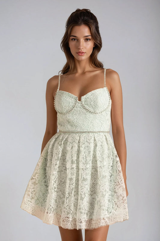 Sleeveless Lace Detailing Mini Dress - Green