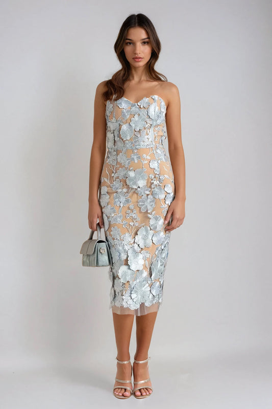 Strapless Floral Detail Midi Dress - Blue