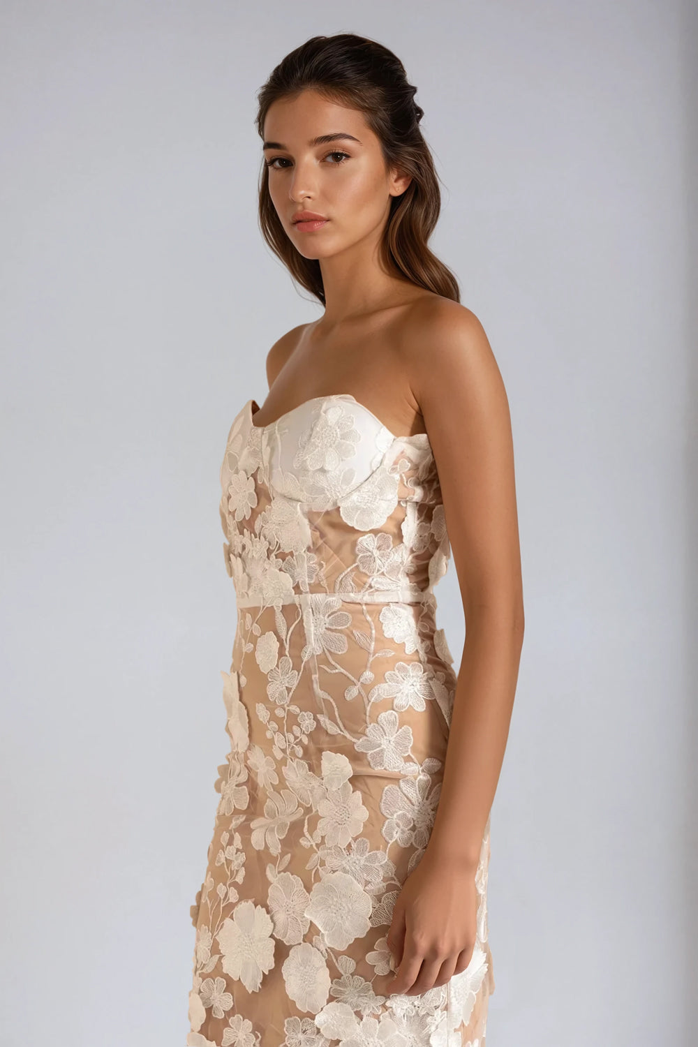 Strapless Floral Detail Midi Dress - White
