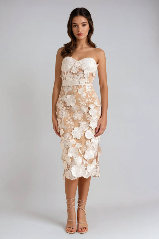 Strapless Floral Detail Midi Dress - White