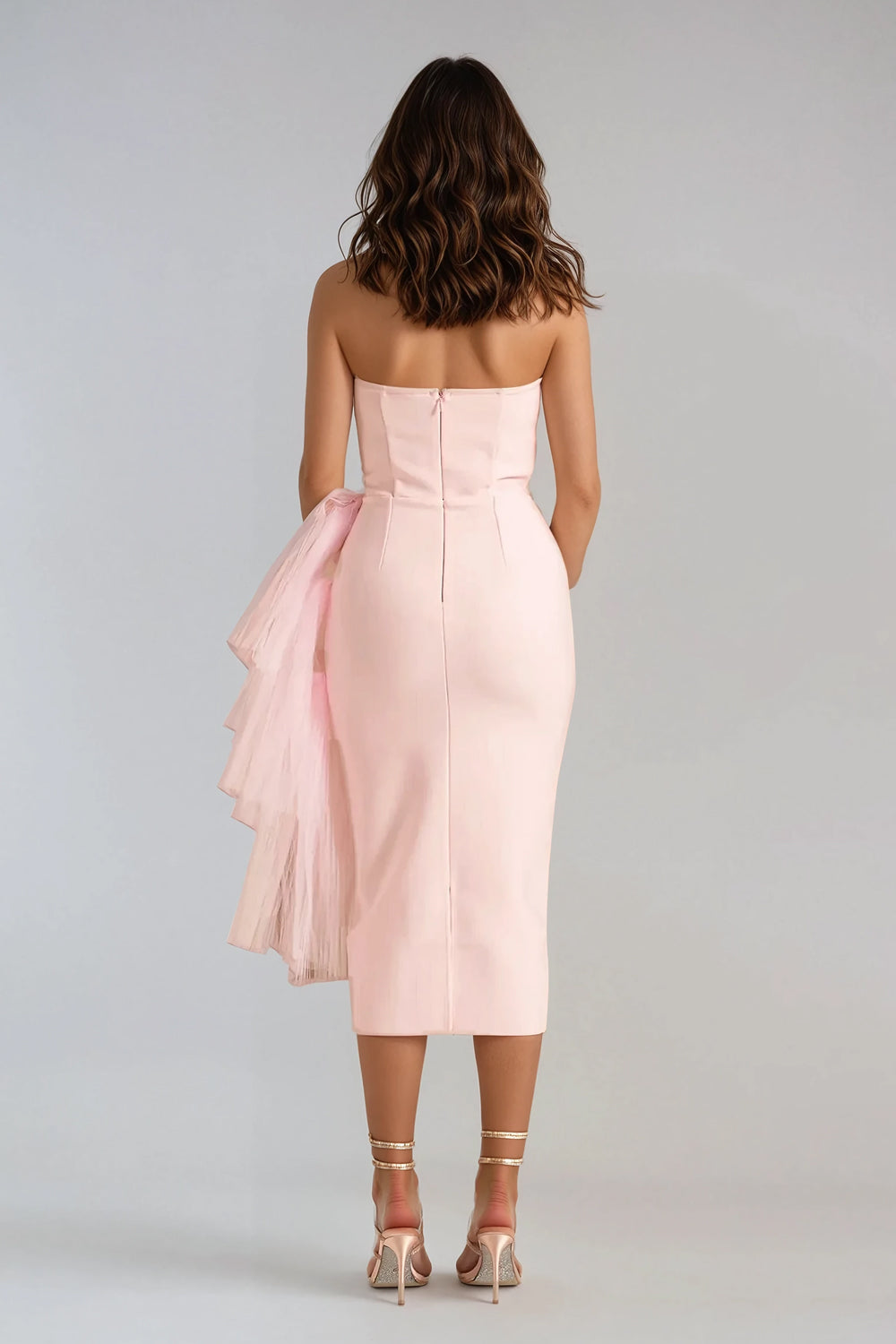 Strapless Midi Dress with Tiered Tulle Detail - Pink