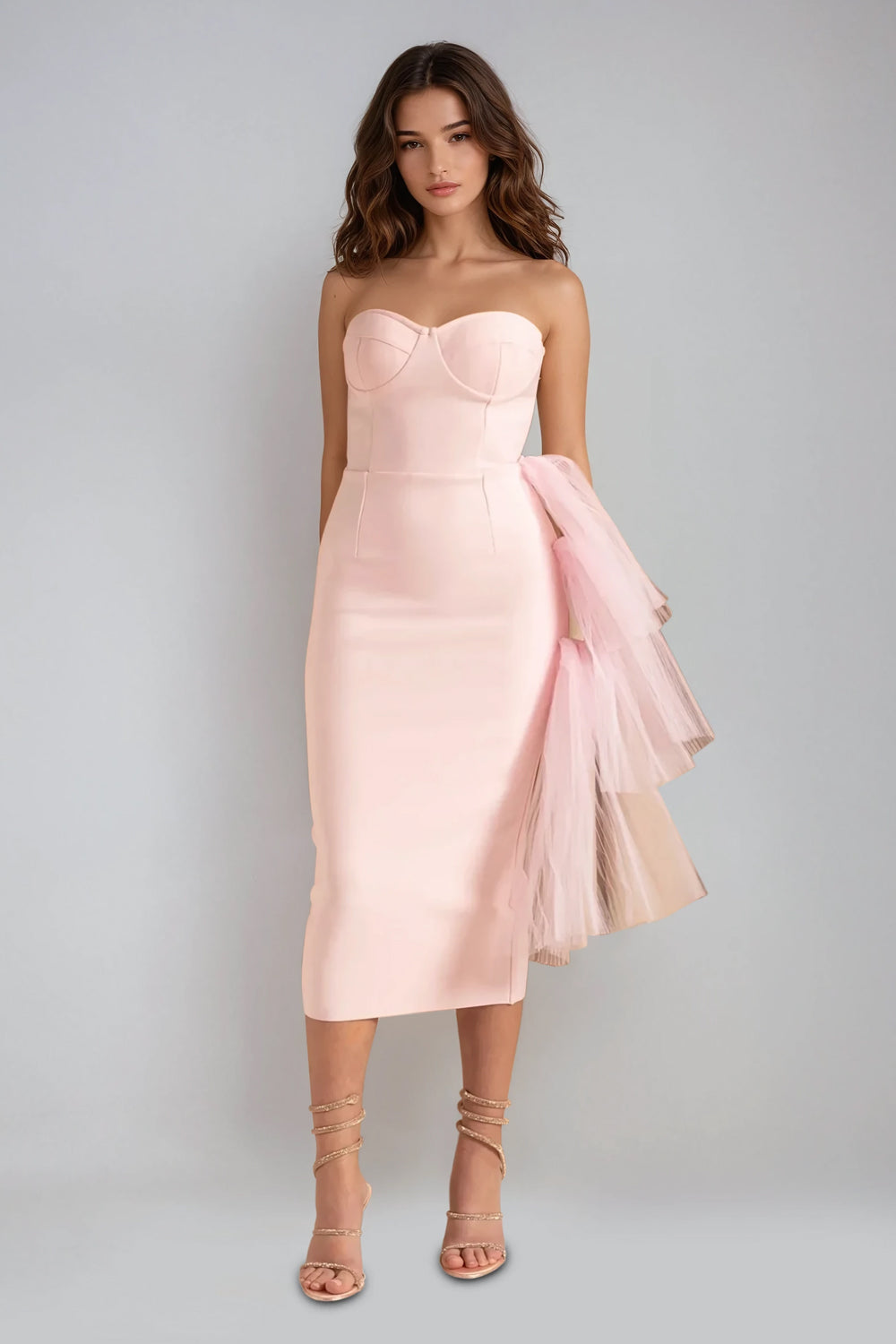 Strapless Midi Dress with Tiered Tulle Detail - Pink