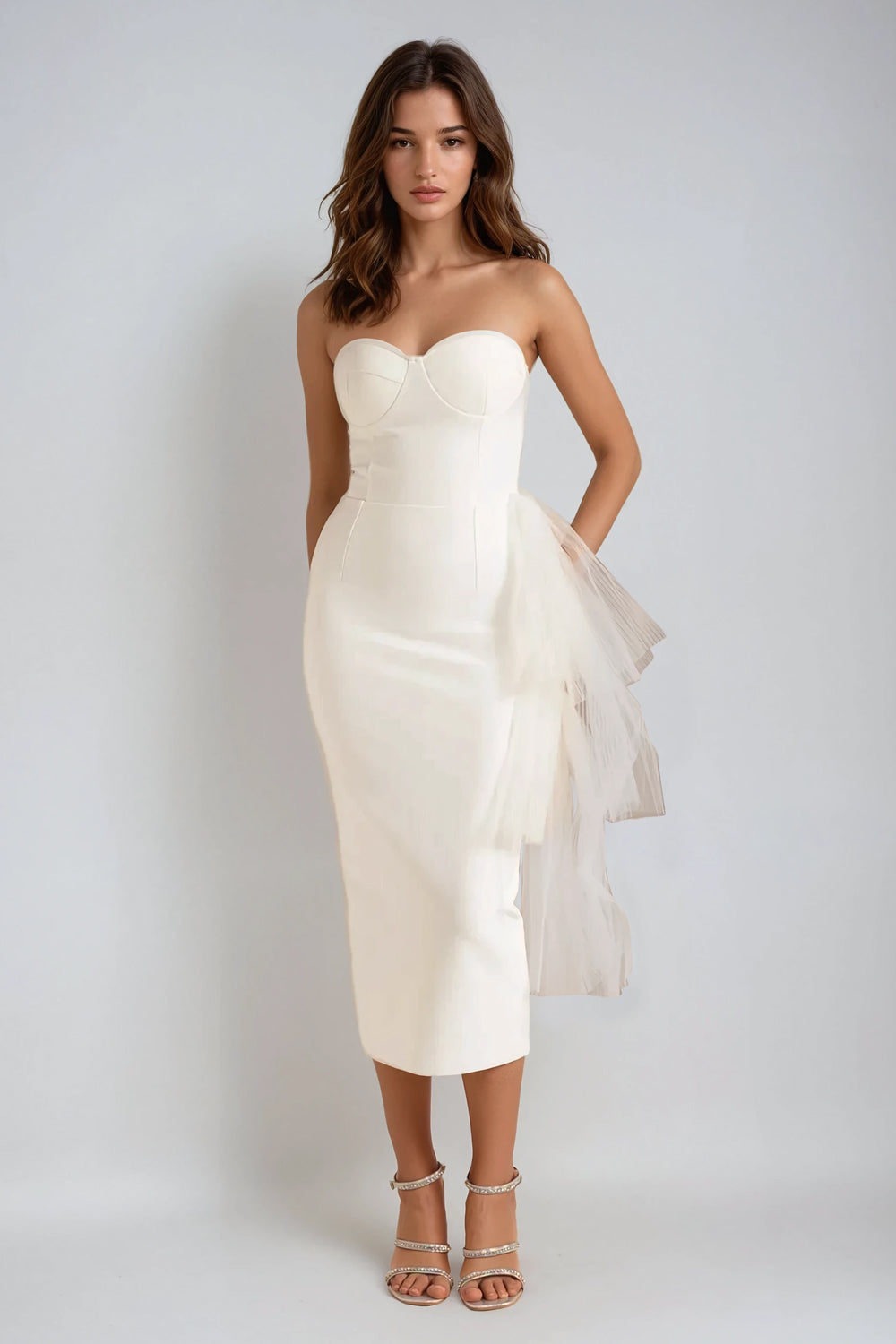 Strapless Midi Dress with Tiered Tulle Detail - White