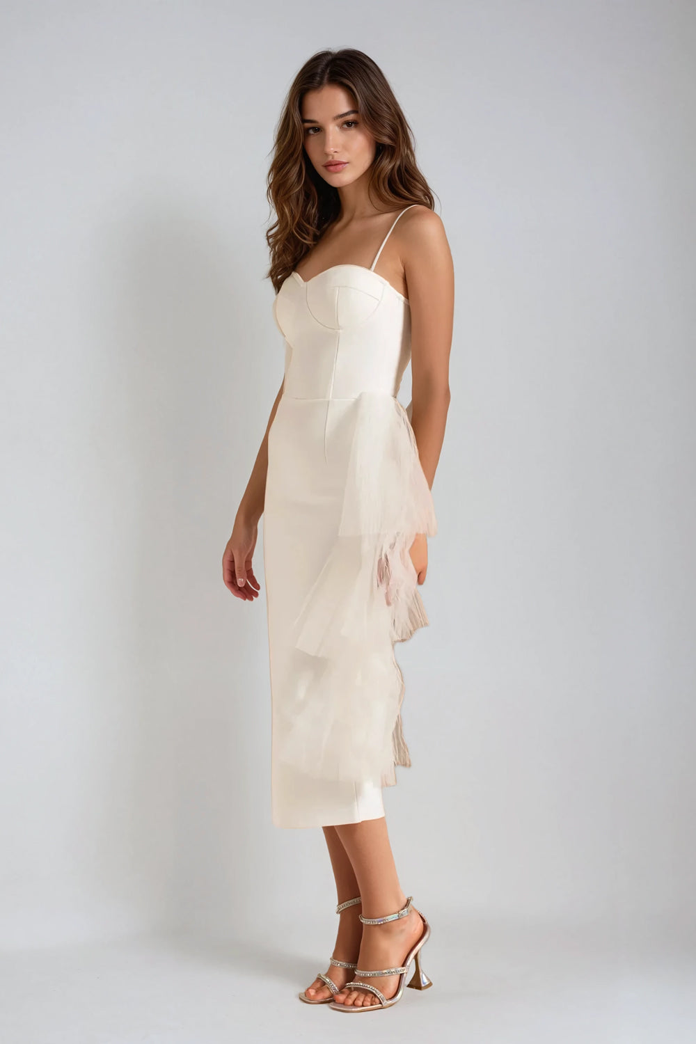Strapless Midi Dress with Tiered Tulle Detail - White