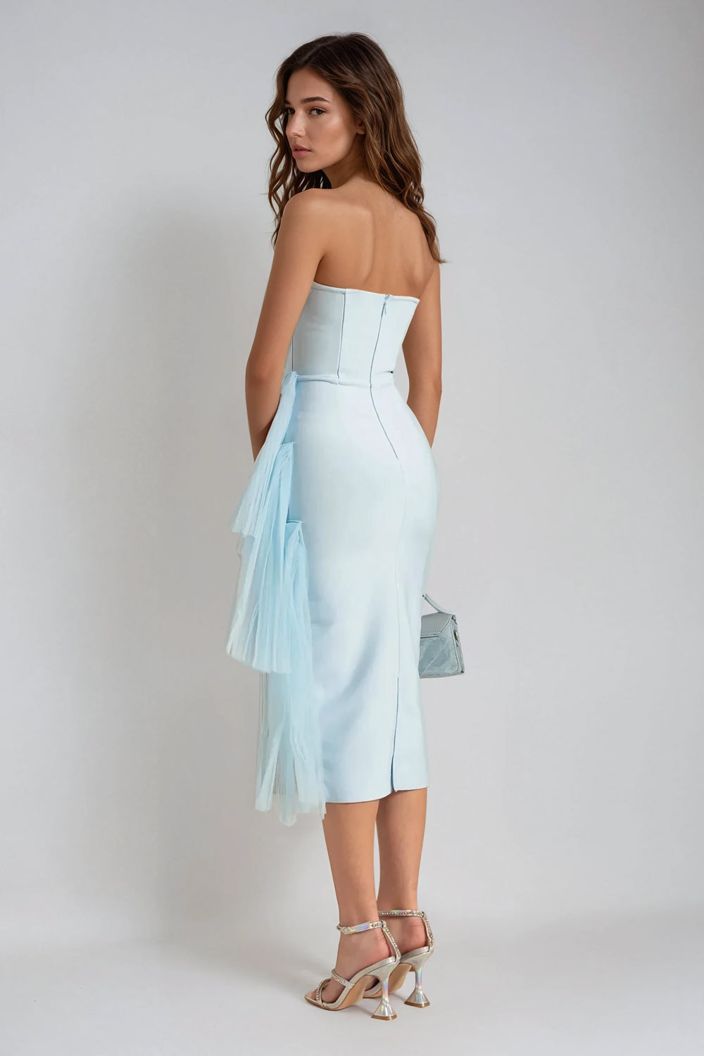 Strapless Midi Dress with Tiered Tulle Detail - Light Blue