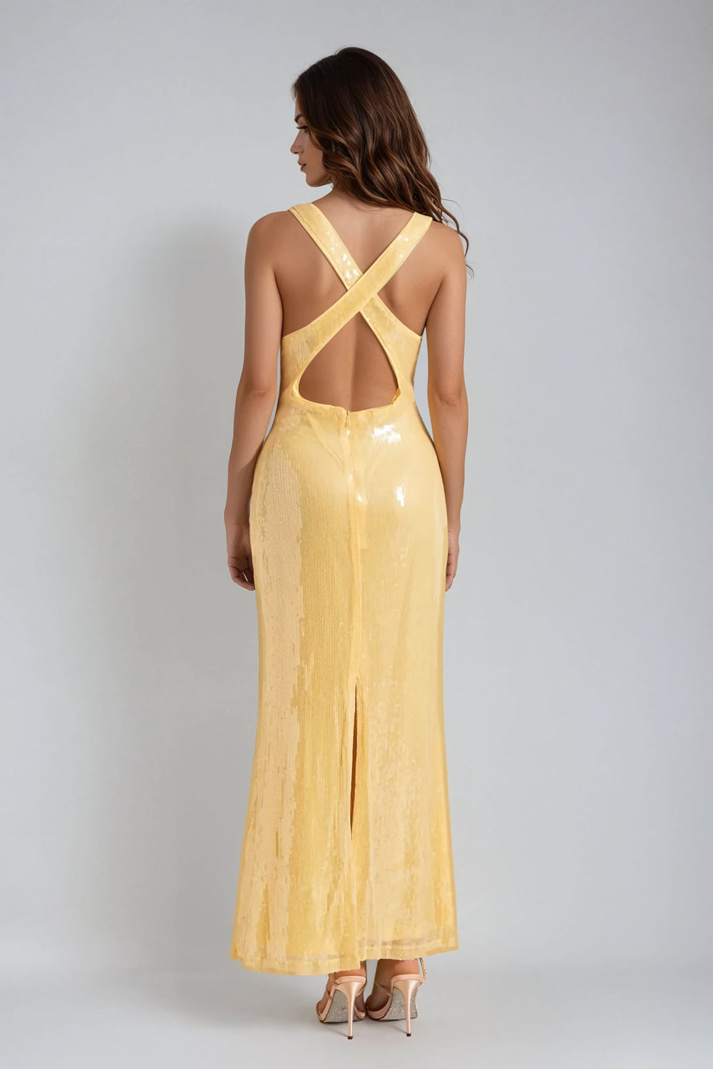 Sleeveless Floral Detail Maxi Dress - Yellow