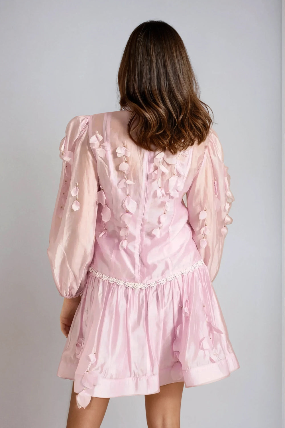 Two-Piece Set with Sheer Long-Sleeve Top and Shorts - Pink