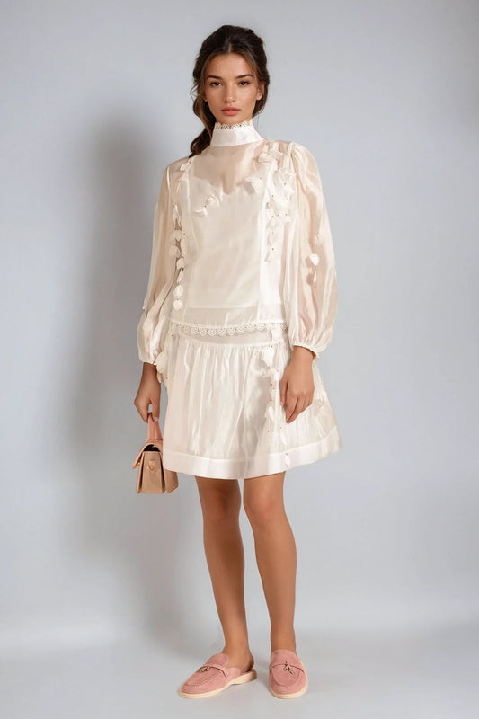 Two-Piece Set with Sheer Long-Sleeve Top and Shorts - White