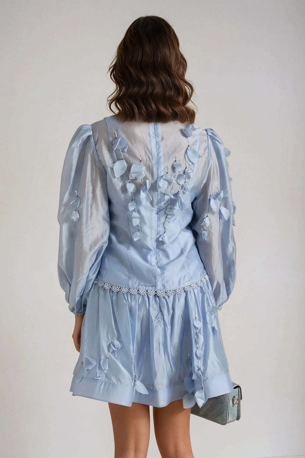 Two-Piece Set with Sheer Long-Sleeve Top and Shorts - Blue