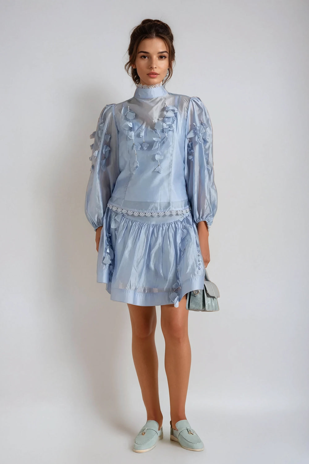 Two-Piece Set with Sheer Long-Sleeve Top and Shorts - Blue
