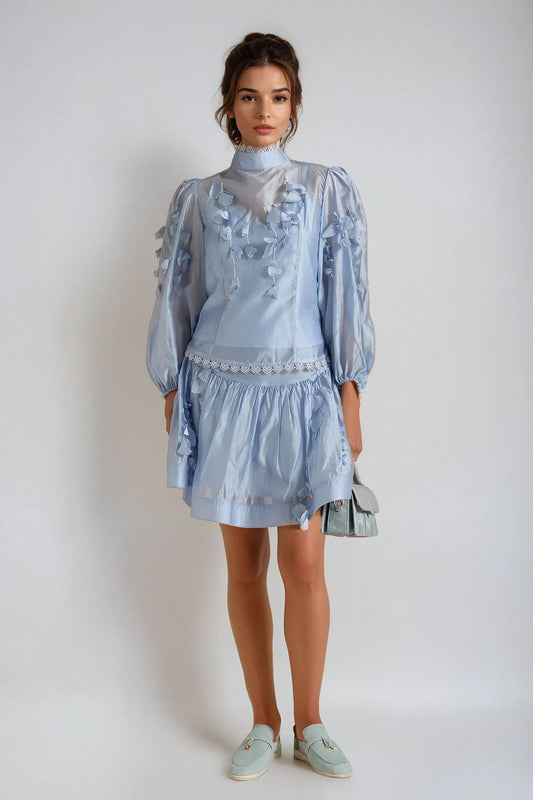 Two-Piece Set with Sheer Long-Sleeve Top and Shorts - Blue