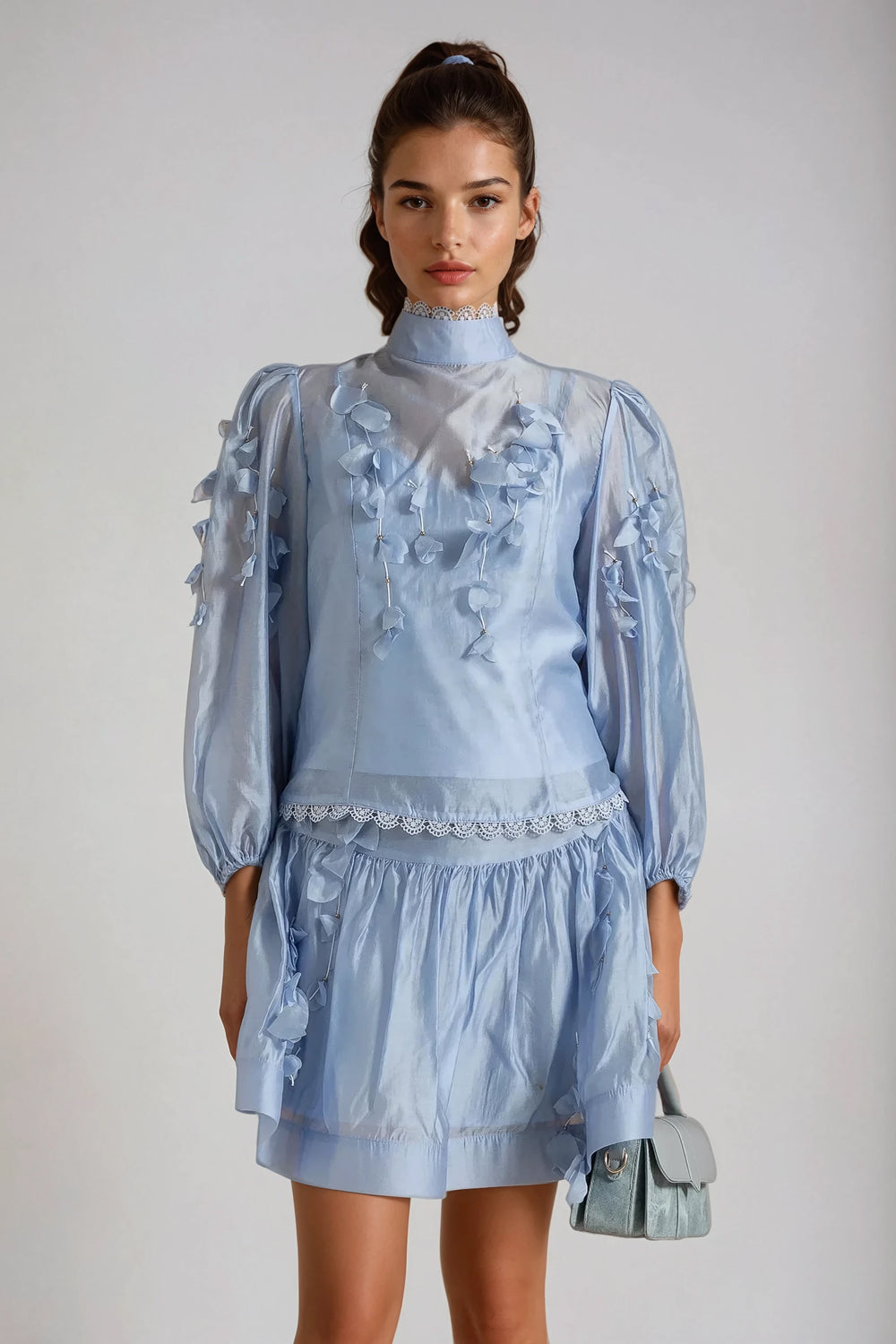 Two-Piece Set with Sheer Long-Sleeve Top and Shorts - Blue