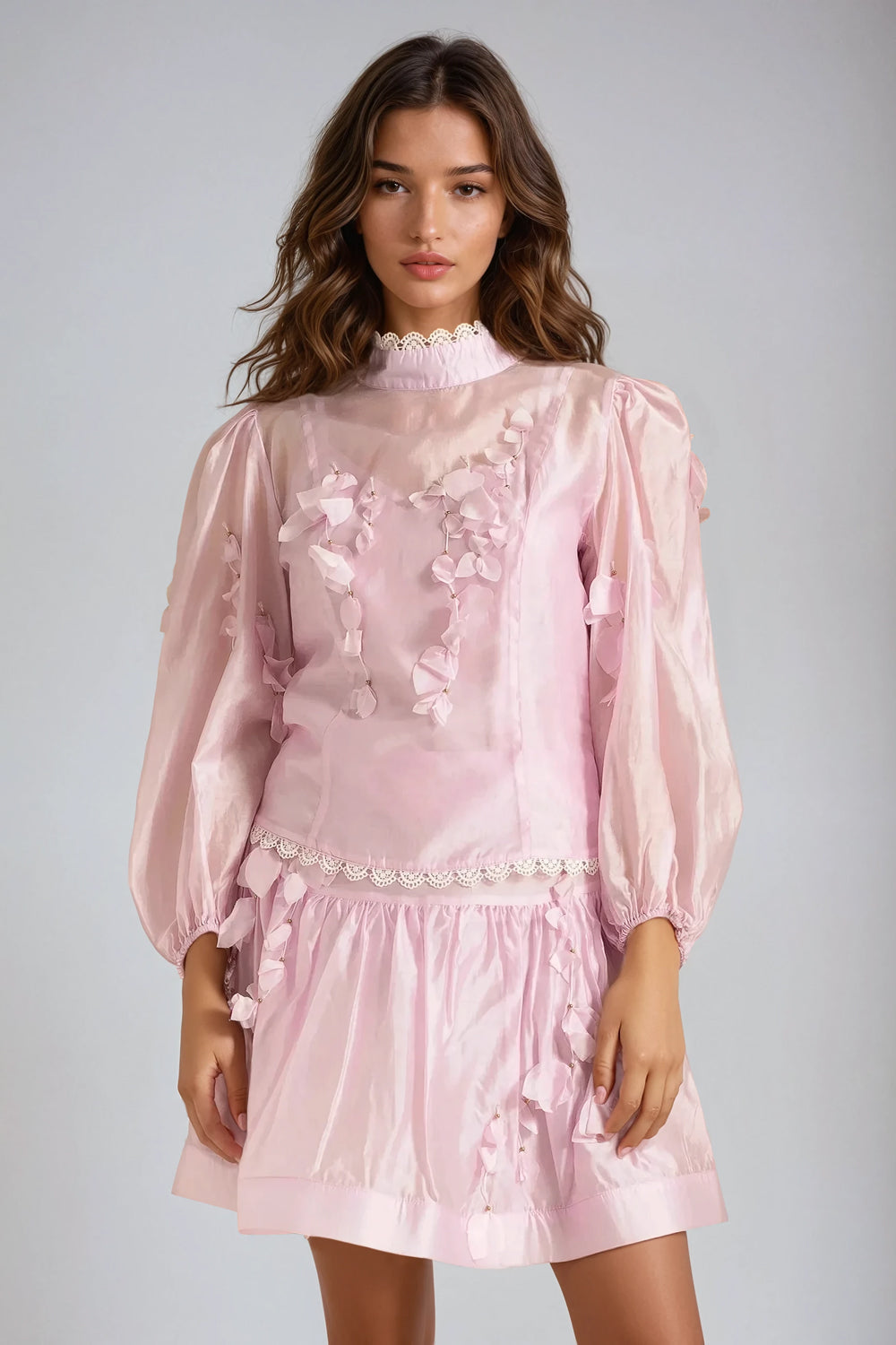 Two-Piece Set with Sheer Long-Sleeve Top and Shorts - Pink