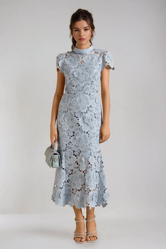 Floral Overlay High Neck Maxi dress - Blue