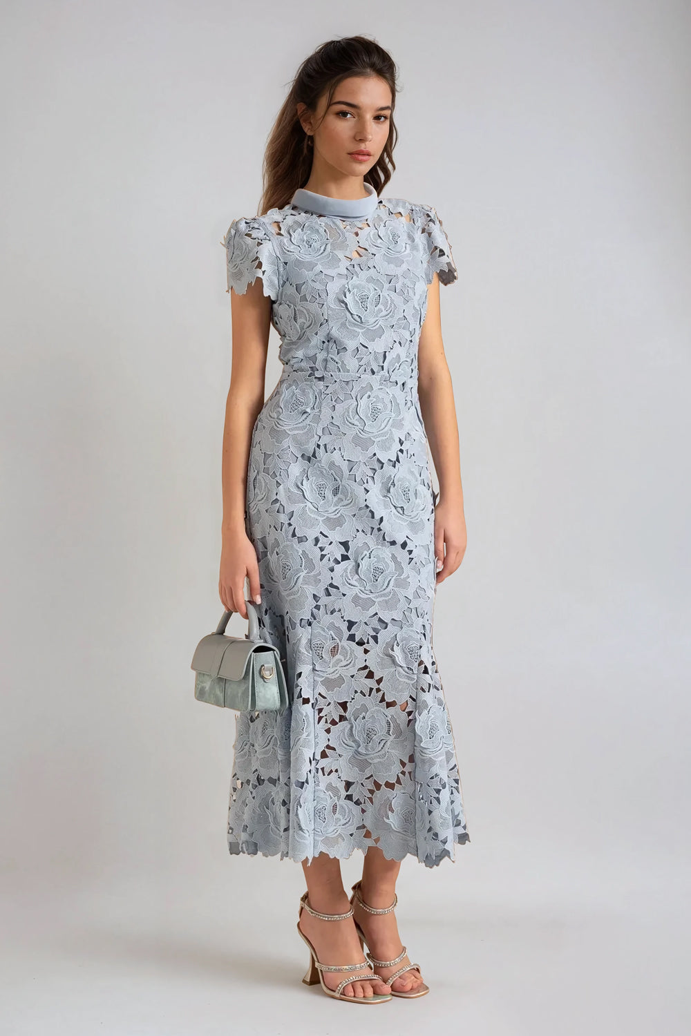 Floral Overlay High Neck Maxi dress - Blue