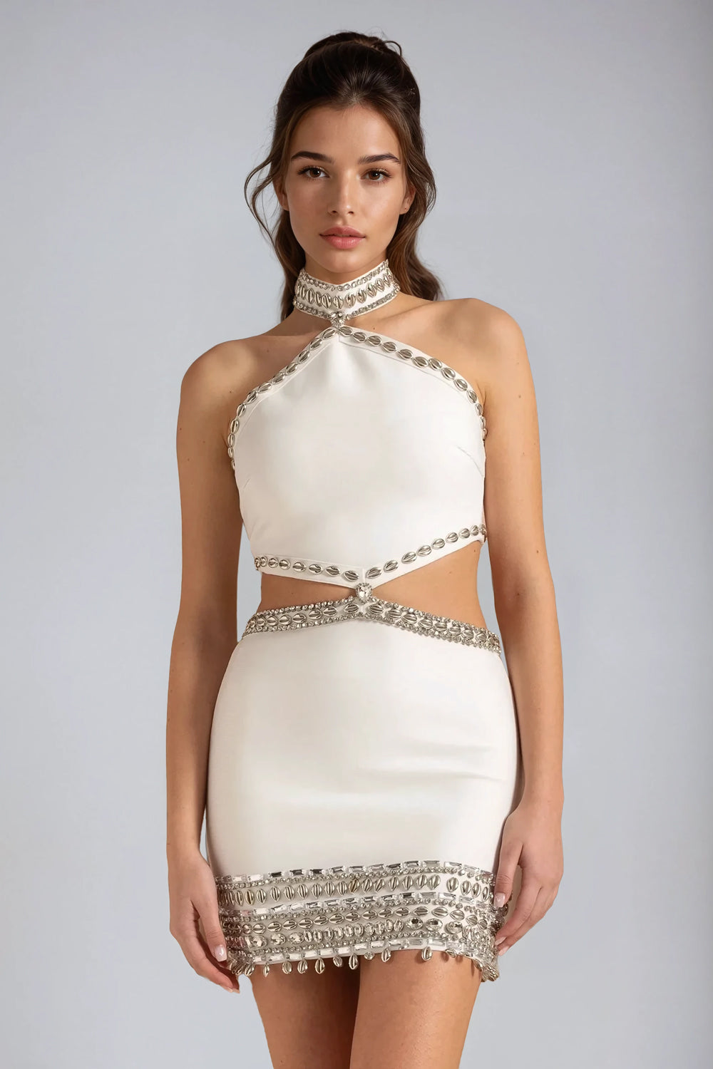 Halter Mini Dress with Cut-Out Waist and Beaded Trim - White