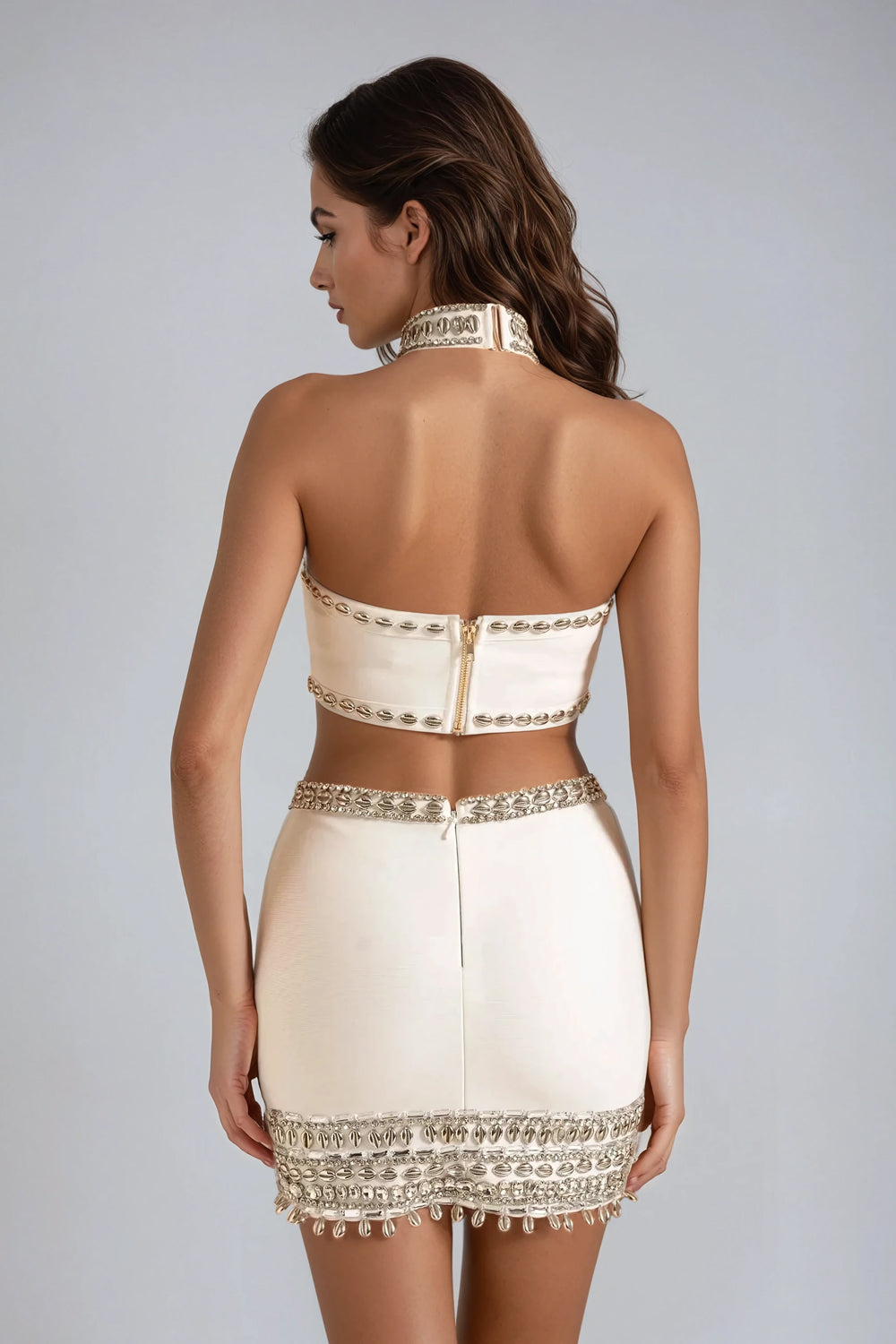 Halter Mini Dress with Cut-Out Waist and Beaded Trim - White