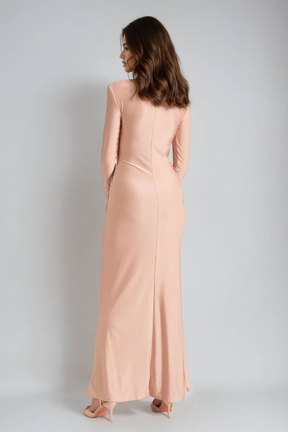 Long-Sleeve Draped Maxi Dress with Knot Detail - Pink
