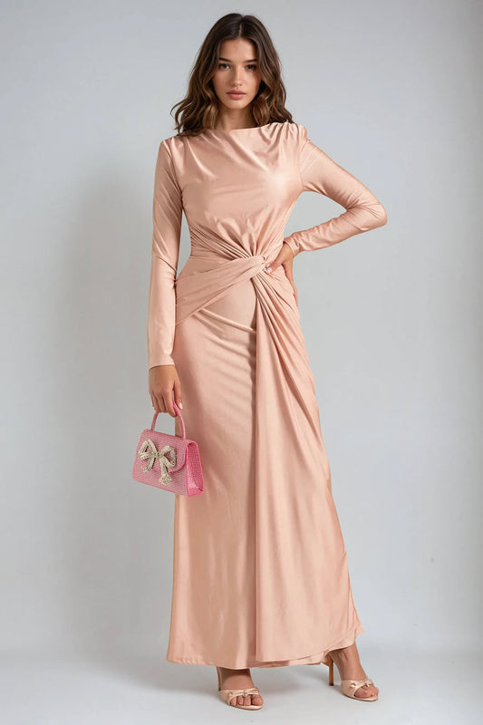 Long-Sleeve Draped Maxi Dress with Knot Detail - Pink