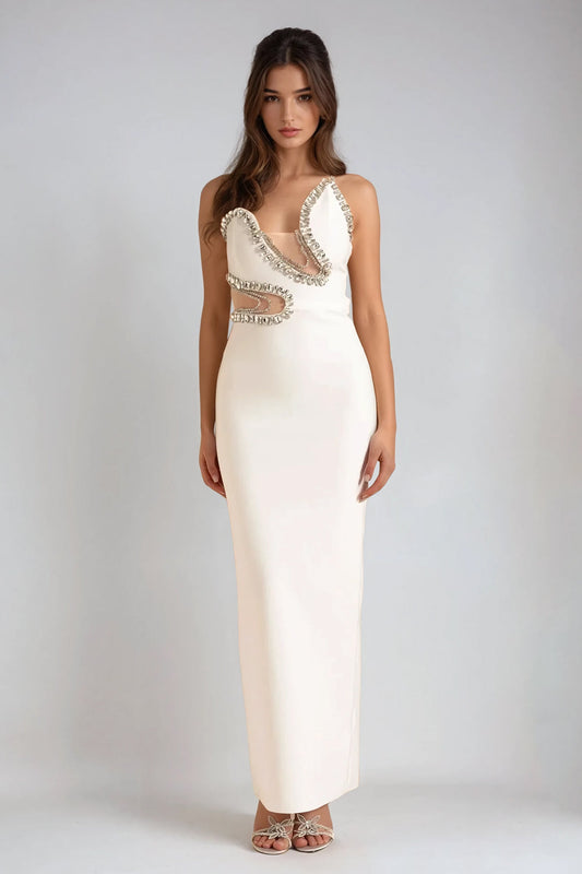 Strapless Maxi Dress with Beaded Trim and Sheer Detail - White
