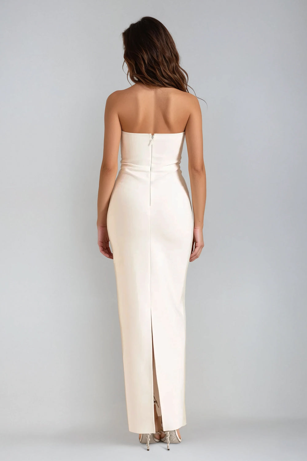 Strapless Maxi Dress with Beaded Trim and Sheer Detail - White