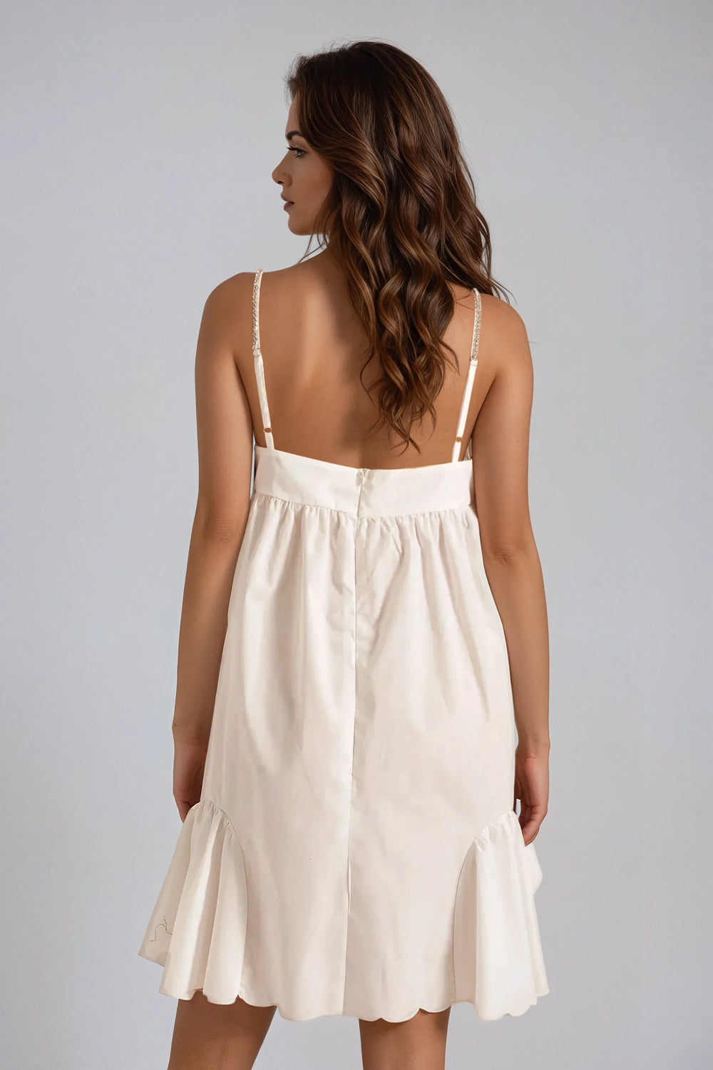 Embellished Mini Dress with Ruffle Hem - White