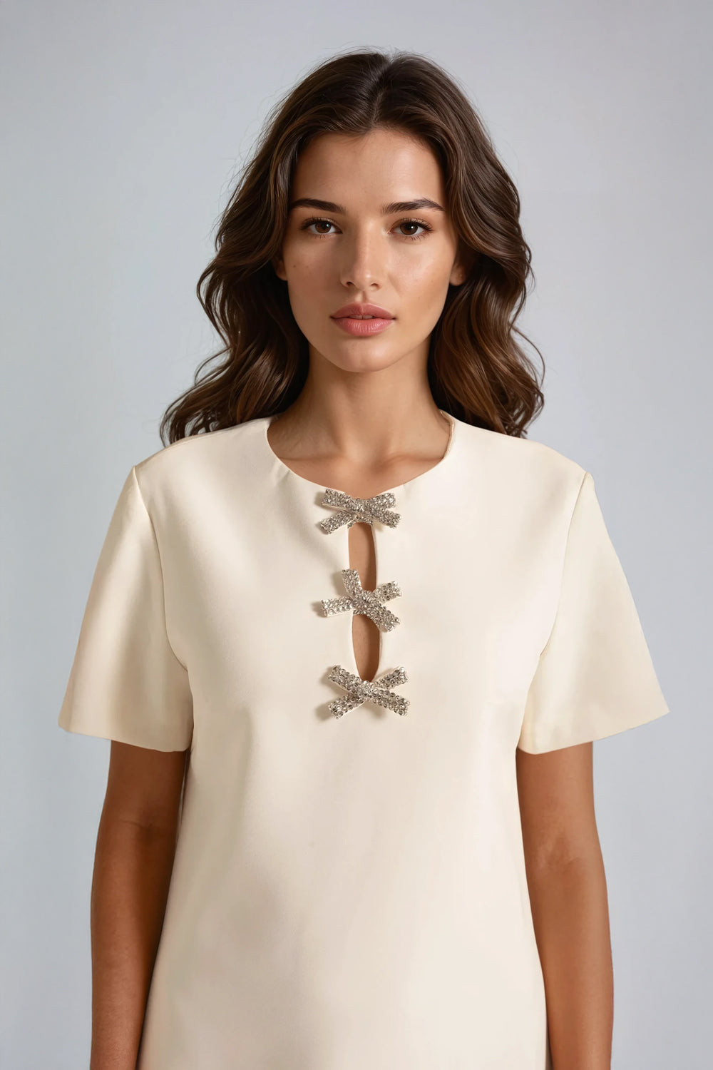 Short-Sleeve Mini Dress with Bow Embellishments - White