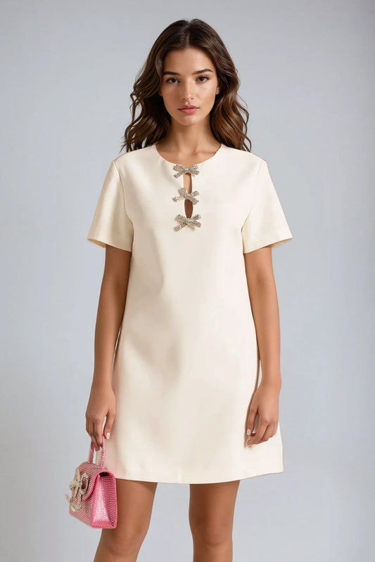 Short-Sleeve Mini Dress with Bow Embellishments - White