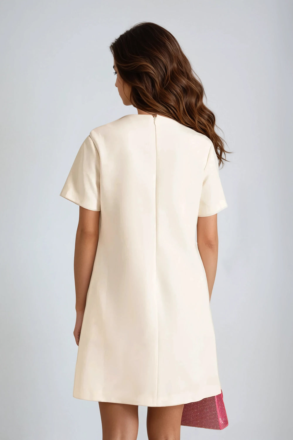 Short-Sleeve Mini Dress with Bow Embellishments - White
