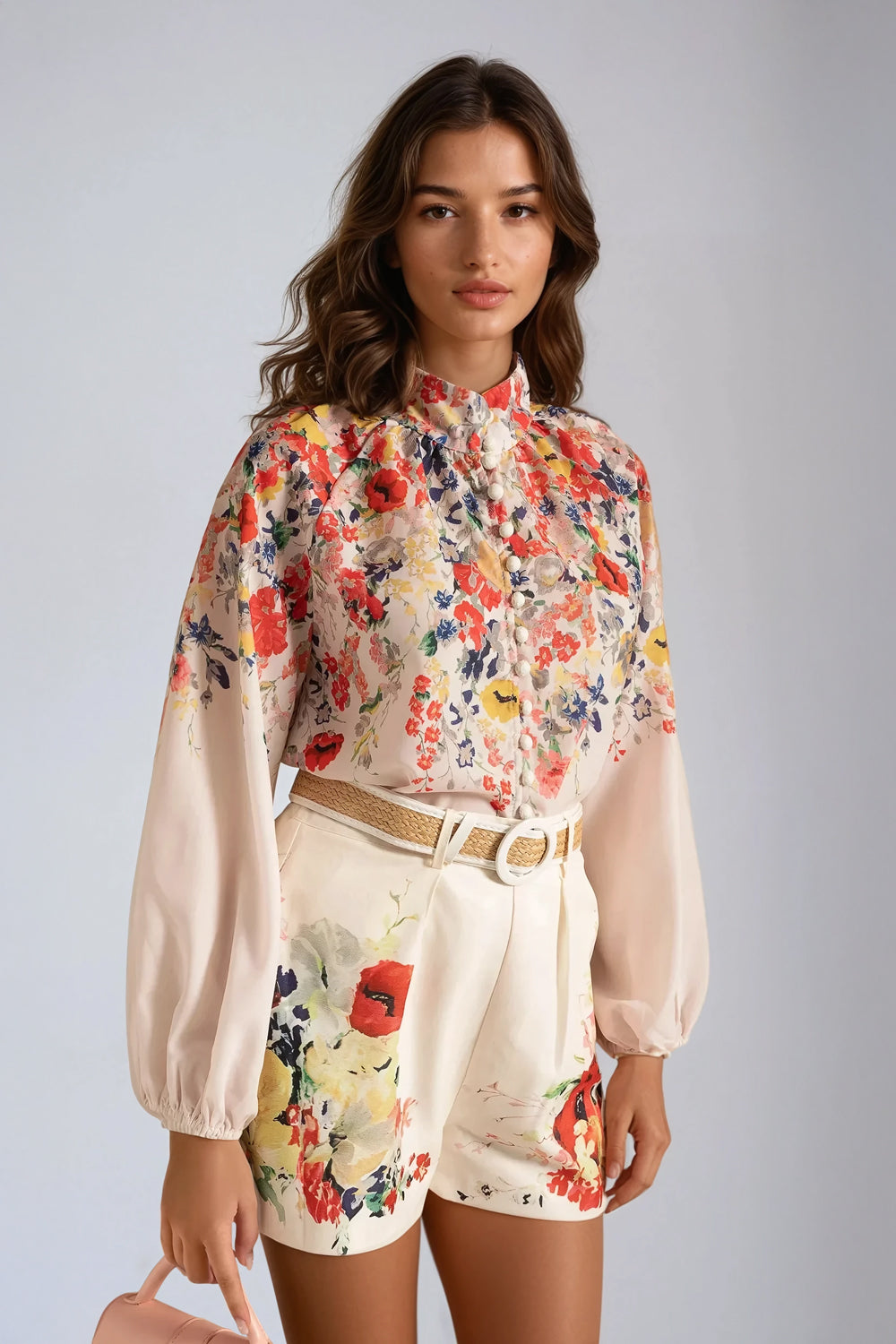 Two-Piece Set with Floral Button-Up Top and High-Waisted Shorts - White