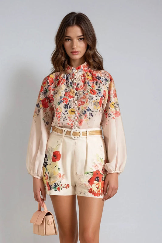 Two-Piece Set with Floral Button-Up Top and High-Waisted Shorts - White