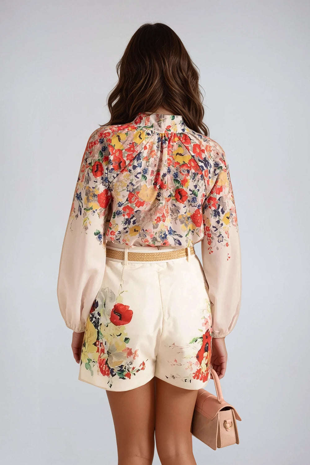 Two-Piece Set with Floral Button-Up Top and High-Waisted Shorts - White