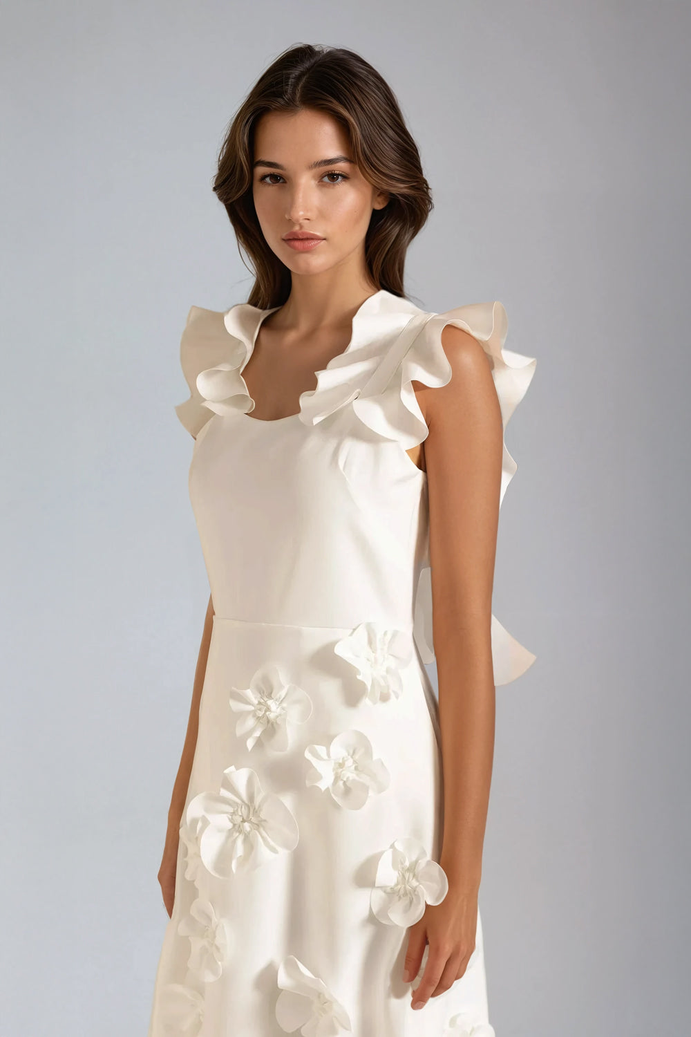 Maxi Dress with Ruffled Shoulder Straps and 3D Floral Details - White